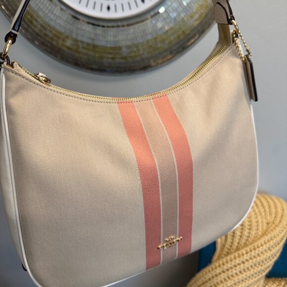COACH-Like New Varsity Stripe Cream/Khaki Pink Purse/Shoulder Bag - Picture 7 of 12